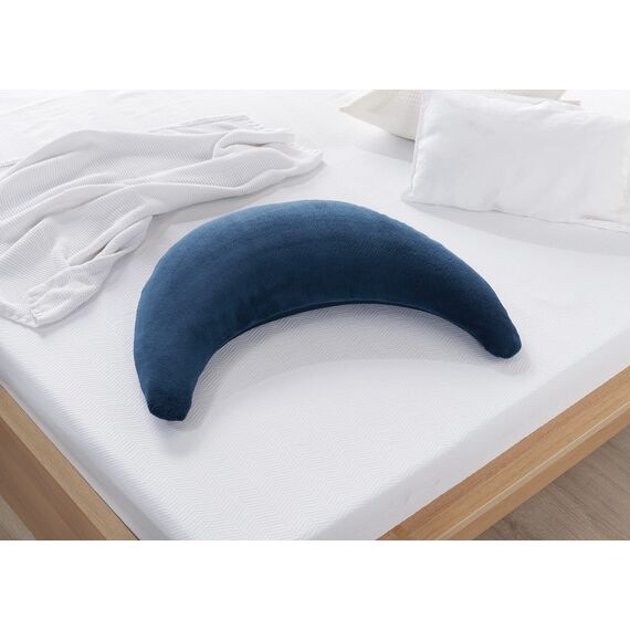 Theraline Plüschmond Stillkissen, Kopfkissen und Nackenkissen mit Perlen, ergonomisches Kissen zum Stillen, Schlafen und Lesen, Stillmond mit Plüsch, Mondkissen waschbar bis 40°C (Dunkelblau)