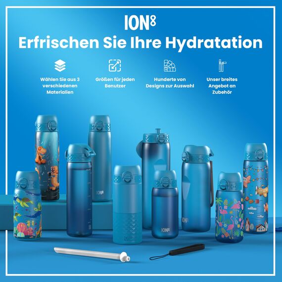 ion8 Kinder Trinkflasche, 350ml, Auslaufsicher, Einhandöffnung, Sichere Verriegelung, Spülmaschinenfest, BPA-frei, Tragegriff, Klappdeckel, Leicht zu Reinigen, Klimaneutral, Blau