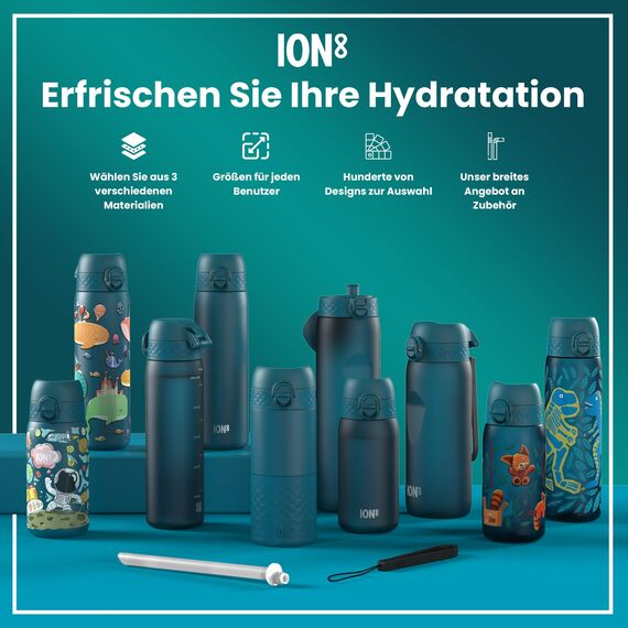 ion8 Kinder Trinkflasche, 350ml, Auslaufsicher, Einhandöffnung, Sichere Verriegelung, Spülmaschinenfest, BPA-frei, Tragegriff, Klappdeckel, Leicht zu Reinigen, Klimaneutral, Dunkles Blaugrün