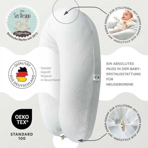 sei Design Stillkissen XXL Schwangerschaftskissen Seitenschläferkissen 190x30 cm – Ergonomisch (IGR-Siegel) & Füllung anpassbar | Inkl. elastischem Waffeljersey Bezug (100% Baumwolle) | Oeko-TEX