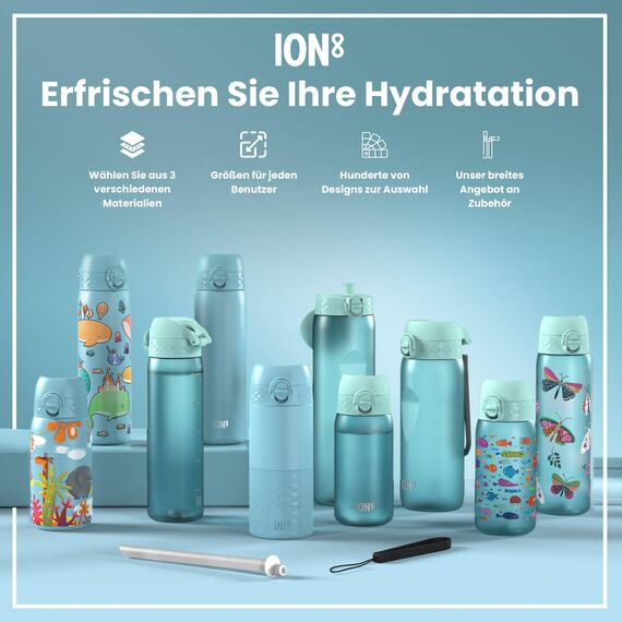 ion8 Kinder Trinkflasche, 350ml, Auslaufsicher, Einhandöffnung, Sichere Verriegelung, Spülmaschinenfest, BPA-frei, Tragegriff, Klappdeckel, Leicht zu Reinigen, Klimaneutral, Schallblau