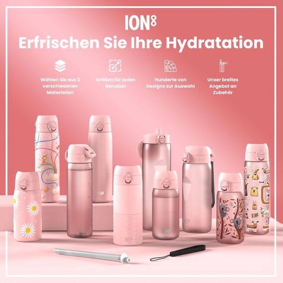 ion8 Kinder Trinkflasche, 350ml, Auslaufsicher, Einhandöffnung, Sichere Verriegelung, Spülmaschinenfest, BPA-frei, Tragegriff, Klappdeckel, Leicht zu Reinigen, Klimaneutral, Rose