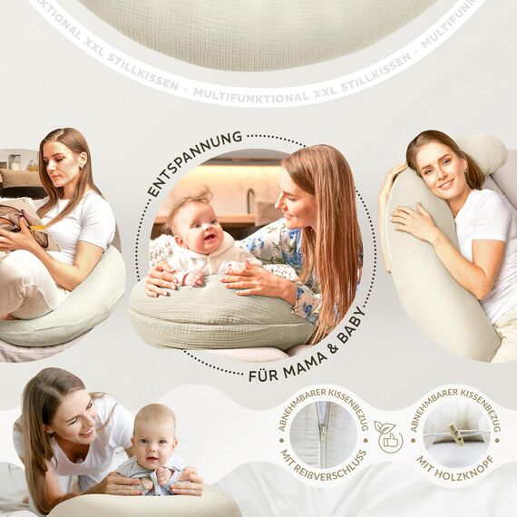 sei Design XXL Stillkissen Seitenschläferkissen - Musselin-Bezug personalisiert mit Namen Geburtsdatum: personalisierte Geschenke zum Geburt Baby Geschenk für Junge oder Mädchen