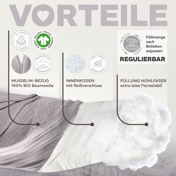 sei Design XXL Stillkissen Seitenschläferkissen - Musselin-Bezug personalisiert mit Namen Geburtsdatum: personalisierte Geschenke zum Geburt Baby Geschenk für Junge & Mädchen