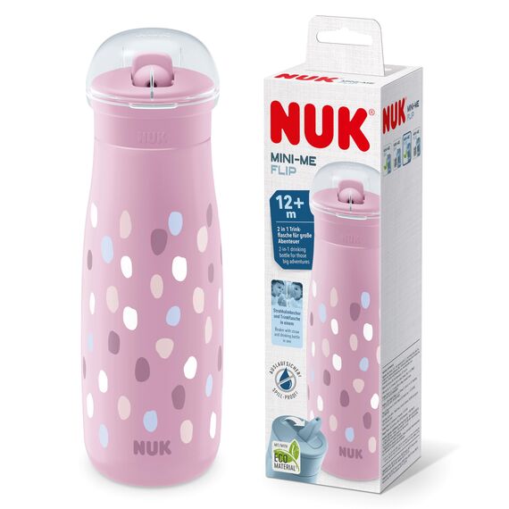 NUK Mini-Me Flip mit Strohhalm für Kleinkinder | ab 12 Monate | 450 ml | Kinderwasserflasche | auslaufsichere stabile Trinköffnung | bruchsicher | rosa Farbkleckse