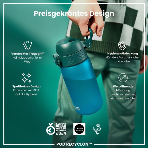 ION8 Kinder Trinkflasche, 350ml, Auslaufsicher, Einhandöffnung, Sichere Verriegelung, Spülmaschinenfest, BPA-frei, Tragegriff, Klappdeckel, Leicht zu Reinigen, Klimaneutral, Aqua