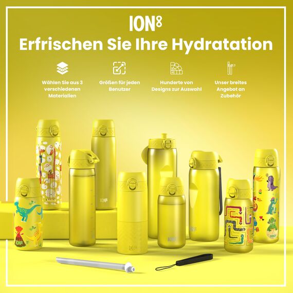 ION8 Kinder Trinkflasche, 350ml, Auslaufsicher, Einhandöffnung, Sichere Verriegelung, Spülmaschinenfest, BPA-frei, Tragegriff, Klappdeckel, Leicht zu Reinigen, Klimaneutral, Gelb