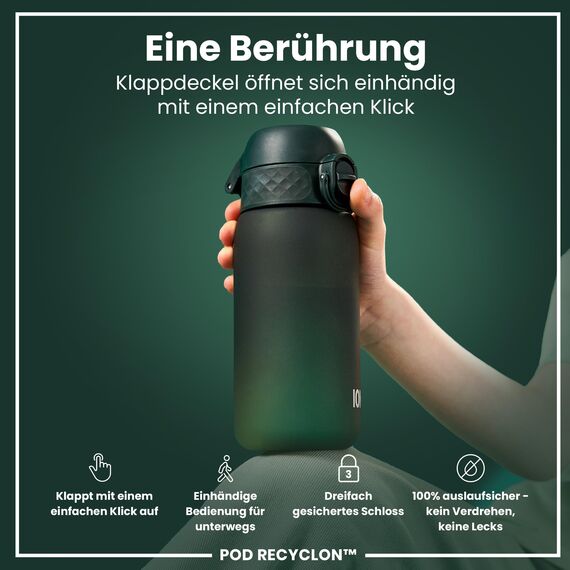 ion8 Kinder Trinkflasche, 350ml, Auslaufsicher, Einhandöffnung, Sichere Verriegelung, Spülmaschinenfest, BPA-frei, Tragegriff, Klappdeckel, Leicht zu Reinigen, Klimaneutral, Dunkelgrün