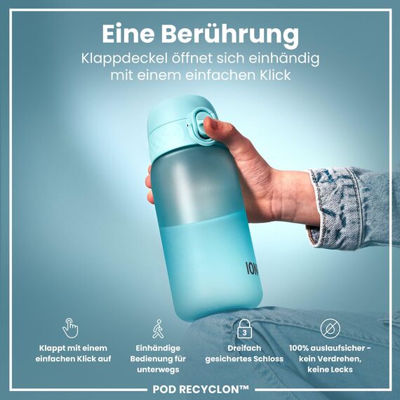 ion8 Kinder Trinkflasche, 350ml, Auslaufsicher, Einhandöffnung, Sichere Verriegelung, Spülmaschinenfest, BPA-frei, Tragegriff, Klappdeckel, Leicht zu Reinigen, Klimaneutral, Schallblau