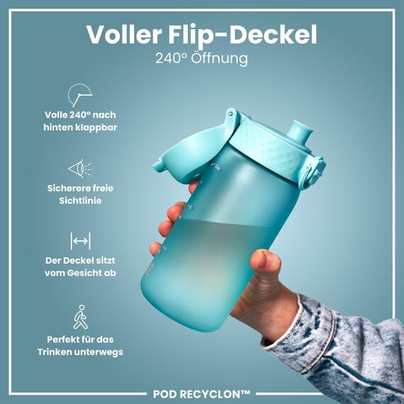ion8 Kinder Trinkflasche, 350ml, Auslaufsicher, Einhandöffnung, Sichere Verriegelung, Spülmaschinenfest, BPA-frei, Tragegriff, Klappdeckel, Leicht zu Reinigen, Klimaneutral, Schallblau