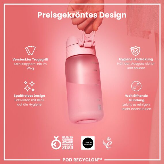 ion8 Kinder Trinkflasche, 350ml, Auslaufsicher, Einhandöffnung, Sichere Verriegelung, Spülmaschinenfest, BPA-frei, Tragegriff, Klappdeckel, Leicht zu Reinigen, Klimaneutral, Rose