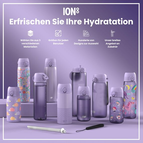 ion8 Kinder Trinkflasche, 350ml, Auslaufsicher, Einhandöffnung, Sichere Verriegelung, Spülmaschinenfest, BPA-frei, Tragegriff, Klappdeckel, Leicht zu Reinigen, Klimaneutral, Helles Lila