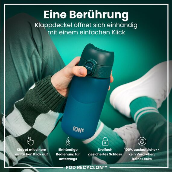 ION8 Kinder Trinkflasche, 350ml, Auslaufsicher, Einhandöffnung, Sichere Verriegelung, Spülmaschinenfest, BPA-frei, Tragegriff, Klappdeckel, Leicht zu Reinigen, Klimaneutral, Aqua