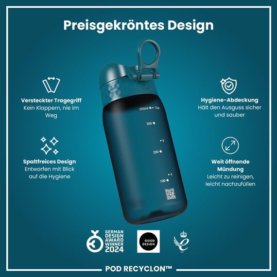 ion8 Kinder Trinkflasche, 350ml, Auslaufsicher, Einhandöffnung, Sichere Verriegelung, Spülmaschinenfest, BPA-frei, Tragegriff, Klappdeckel, Leicht zu Reinigen, Klimaneutral, Dunkles Blaugrün