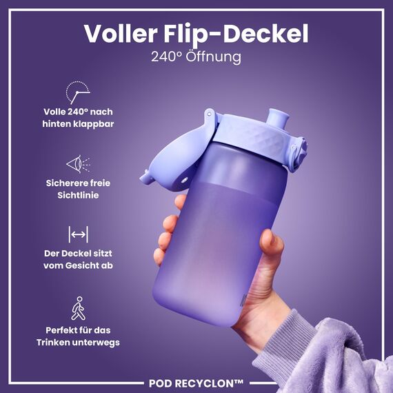 ion8 Kinder Trinkflasche, 350ml, Auslaufsicher, Einhandöffnung, Sichere Verriegelung, Spülmaschinenfest, BPA-frei, Tragegriff, Klappdeckel, Leicht zu Reinigen, Klimaneutral, Helles Lila