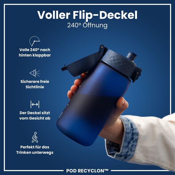 ion8 Kinder Trinkflasche, 350ml, Auslaufsicher, Einhandöffnung, Sichere Verriegelung, Spülmaschinenfest, BPA-frei, Tragegriff, Klappdeckel, Leicht zu Reinigen, Klimaneutral, Marineblau