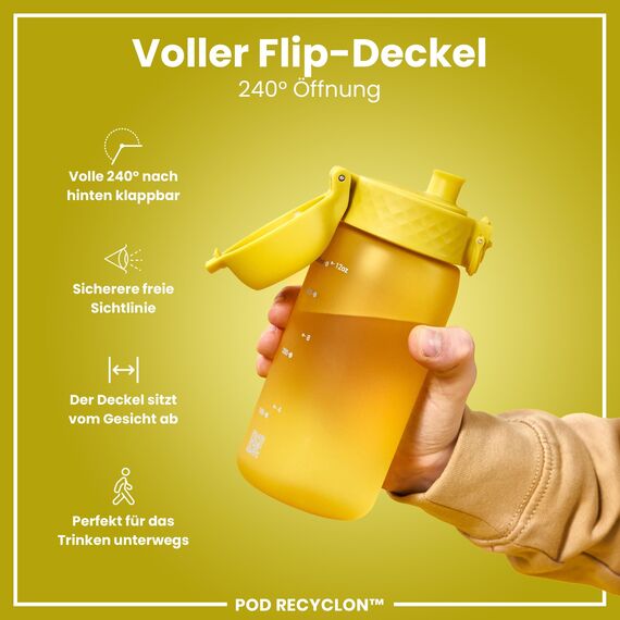 ION8 Kinder Trinkflasche, 350ml, Auslaufsicher, Einhandöffnung, Sichere Verriegelung, Spülmaschinenfest, BPA-frei, Tragegriff, Klappdeckel, Leicht zu Reinigen, Klimaneutral, Gelb