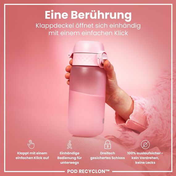 ion8 Kinder Trinkflasche, 350ml, Auslaufsicher, Einhandöffnung, Sichere Verriegelung, Spülmaschinenfest, BPA-frei, Tragegriff, Klappdeckel, Leicht zu Reinigen, Klimaneutral, Rose