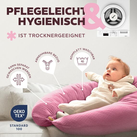 sei Design Stillkissenbezug Musselin personalisierbar – Bezug für Stillkissen 190x35 cm. Schwangerschafts- & Seitenschläferkissen. 100% Baumwolle. weich. atmungsaktiv. mit Reißverschluss. waschbar