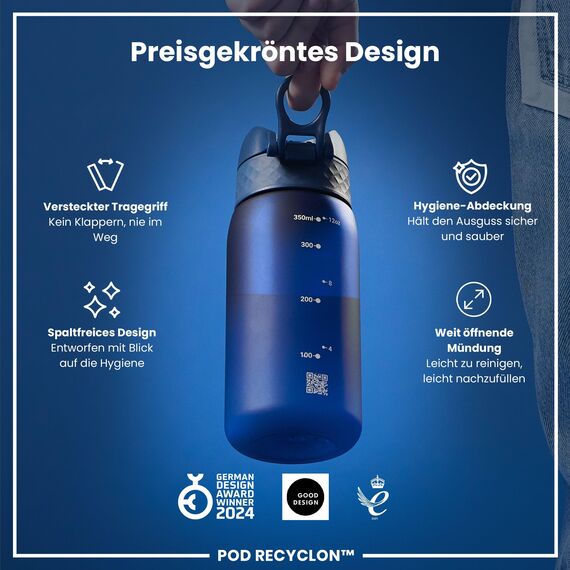 ion8 Kinder Trinkflasche, 350ml, Auslaufsicher, Einhandöffnung, Sichere Verriegelung, Spülmaschinenfest, BPA-frei, Tragegriff, Klappdeckel, Leicht zu Reinigen, Klimaneutral, Marineblau