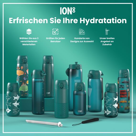 ION8 Kinder Trinkflasche, 350ml, Auslaufsicher, Einhandöffnung, Sichere Verriegelung, Spülmaschinenfest, BPA-frei, Tragegriff, Klappdeckel, Leicht zu Reinigen, Klimaneutral, Aqua