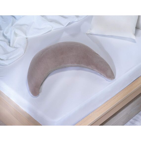 Theraline Plüschmond Stillkissen, Kopfkissen und Nackenkissen mit Perlen, ergonomisches Kissen zum Stillen, Schlafen und Lesen, Stillmond mit Plüsch, Mondkissen waschbar bis 40°C (Taupe)