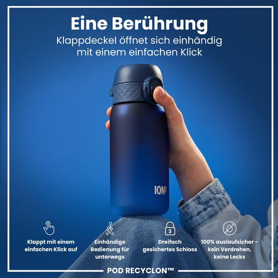 ion8 Kinder Trinkflasche, 350ml, Auslaufsicher, Einhandöffnung, Sichere Verriegelung, Spülmaschinenfest, BPA-frei, Tragegriff, Klappdeckel, Leicht zu Reinigen, Klimaneutral, Marineblau