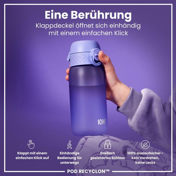ion8 Kinder Trinkflasche, 350ml, Auslaufsicher, Einhandöffnung, Sichere Verriegelung, Spülmaschinenfest, BPA-frei, Tragegriff, Klappdeckel, Leicht zu Reinigen, Klimaneutral, Helles Lila