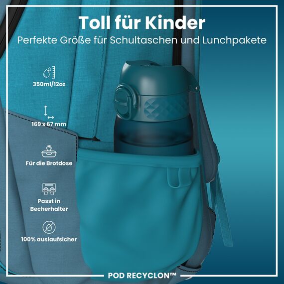 ion8 Kinder Trinkflasche, 350ml, Auslaufsicher, Einhandöffnung, Sichere Verriegelung, Spülmaschinenfest, BPA-frei, Tragegriff, Klappdeckel, Leicht zu Reinigen, Klimaneutral, Dunkles Blaugrün