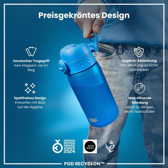 ion8 Kinder Trinkflasche, 350ml, Auslaufsicher, Einhandöffnung, Sichere Verriegelung, Spülmaschinenfest, BPA-frei, Tragegriff, Klappdeckel, Leicht zu Reinigen, Klimaneutral, Blau
