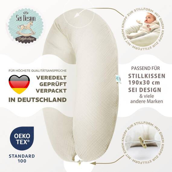 sei Design Stillkissenbezug Musselin personalisierbar – Bezug für Stillkissen 190x30 cm, Schwangerschafts- & Seitenschläferkissen, 100% Baumwolle, weich, atmungsaktiv, mit Reißverschluss, waschbar