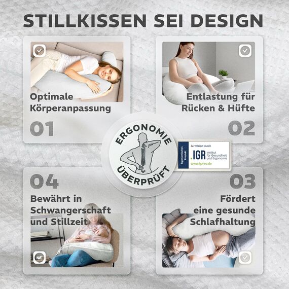 sei Design Stillkissen XXL Schwangerschaftskissen Seitenschläferkissen 190x30 cm – Ergonomisch (IGR-Siegel) & Füllung anpassbar | Inkl. elastischem Waffeljersey Bezug (100% Baumwolle) | Oeko-TEX