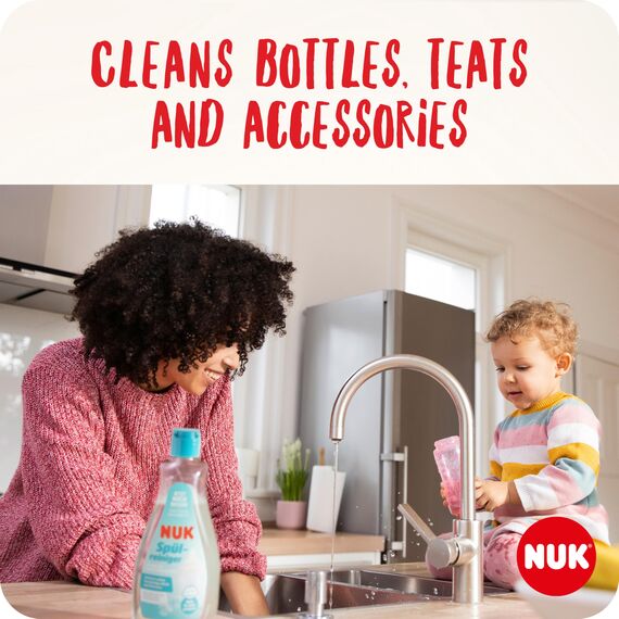 NUK Babyflaschenreiniger & Flaschenbürste | 2 x Flaschenreiniger, 1 x Bürste Twist für Flasche & Sauger | 500 ml | Ideal zur Reinigung von Babyflaschen, Saugern & Zubehör | Duftstofffreier Reiniger