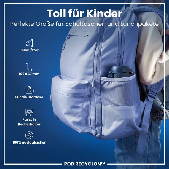 ion8 Kinder Trinkflasche, 350ml, Auslaufsicher, Einhandöffnung, Sichere Verriegelung, Spülmaschinenfest, BPA-frei, Tragegriff, Klappdeckel, Leicht zu Reinigen, Klimaneutral, Marineblau