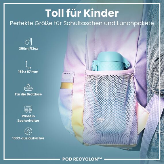 ion8 Kinder Trinkflasche, 350ml, Auslaufsicher, Einhandöffnung, Sichere Verriegelung, Spülmaschinenfest, BPA-frei, Tragegriff, Klappdeckel, Leicht zu Reinigen, Klimaneutral, Schallblau