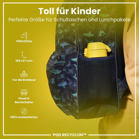 ION8 Kinder Trinkflasche, 350ml, Auslaufsicher, Einhandöffnung, Sichere Verriegelung, Spülmaschinenfest, BPA-frei, Tragegriff, Klappdeckel, Leicht zu Reinigen, Klimaneutral, Gelb