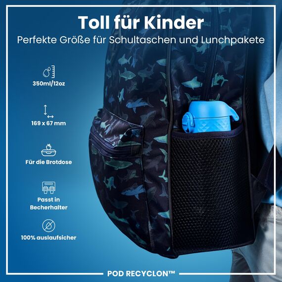 ion8 Kinder Trinkflasche, 350ml, Auslaufsicher, Einhandöffnung, Sichere Verriegelung, Spülmaschinenfest, BPA-frei, Tragegriff, Klappdeckel, Leicht zu Reinigen, Klimaneutral, Blau