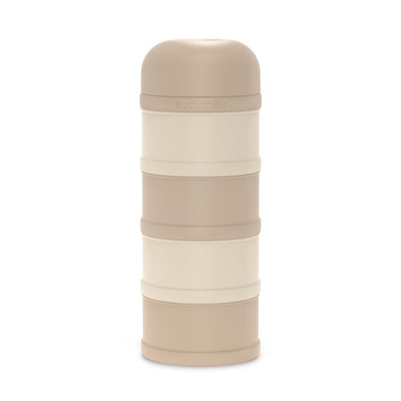 Suavinex, Milchpulver Portionierer & Snackbox: 4 Fächer stapelbar, Pulverdose mit Ausguss, Schraubverschluss, Luftdicht, Spülmaschinenfest, für Baby Babysnacks & Milchnahrung, 0+ Monate, Beige