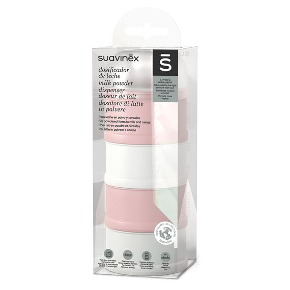 Suavinex, Milchpulver Portionierer Baby, Milchpulver- und Getreidespender, mit 4 Fächern, Schraubverschluss und Spenderteil. Spülmaschinenfest. Rosa