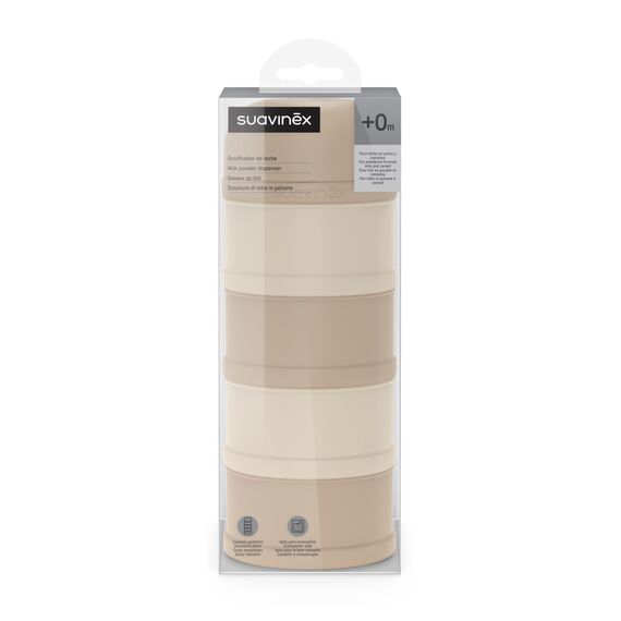 Suavinex, Milchpulver Portionierer & Snackbox: 4 Fächer stapelbar, Pulverdose mit Ausguss, Schraubverschluss, Luftdicht, Spülmaschinenfest, für Baby Babysnacks & Milchnahrung, 0+ Monate, Beige