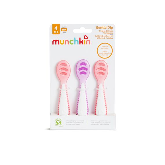 Munchkin Gentle Dip Mehrstufige Erste Löffel | Beikostlöffel für Babys ab 4 Monaten | Ideal für Babygeführte Beikost (BLW) | Ergonomisches Design | BPA-frei | Rosa & Lila | 3er-Pack