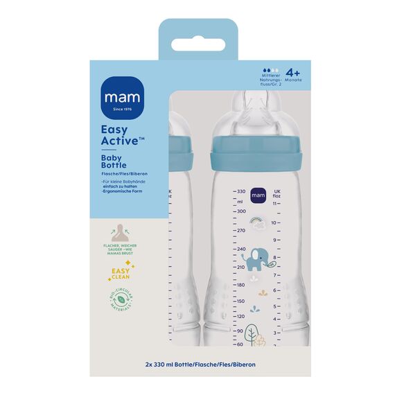 MAM Easy Active Babyflasche | 4+ Monate | Stillfreundliche Milchflasche | Trinkflasche für Babys mit Sauger Größe 2 aus SkinSoft Silikon | 330 ml | Elefant