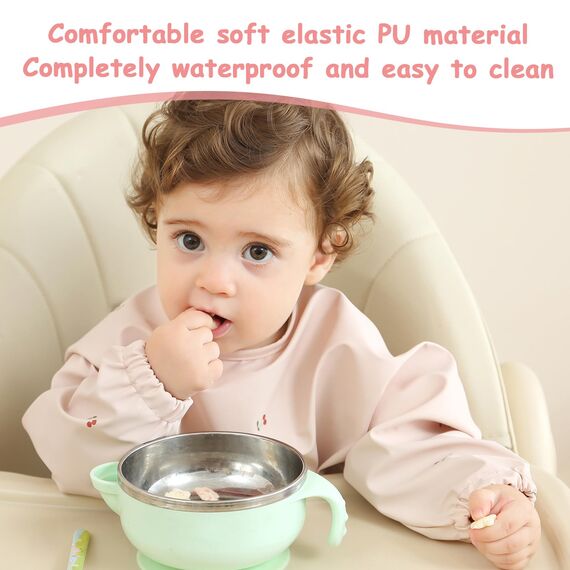 PewinGo Entwöhnungslätzchen mit langen Ärmeln & BLW, weiches und hautfreundliches Material, wasserdicht und leicht zu reinigen & maschinenwaschbar, für Babys Kleinkinder (Rosa)