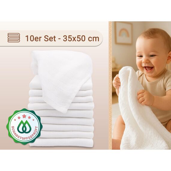 ZOLLNER 10er Set Waschlappen für Babys - in 35x50 cm aus Baumwolle - hautfreundliche Waschtücher - besonders weich und hautsympathisch - waschbar bis 95°C - in weiß