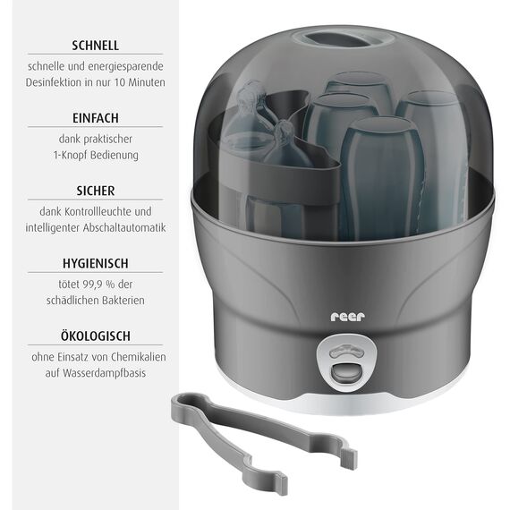 reer Vapomat S Vaporisator | Babyflaschen Dampfsterilisator für bis zu 6 Flaschen, Desinfektion von Babyfläschchen, Schnullern, Beißringen und Zubehör in nur 10 Minuten, ohne Chemikalien