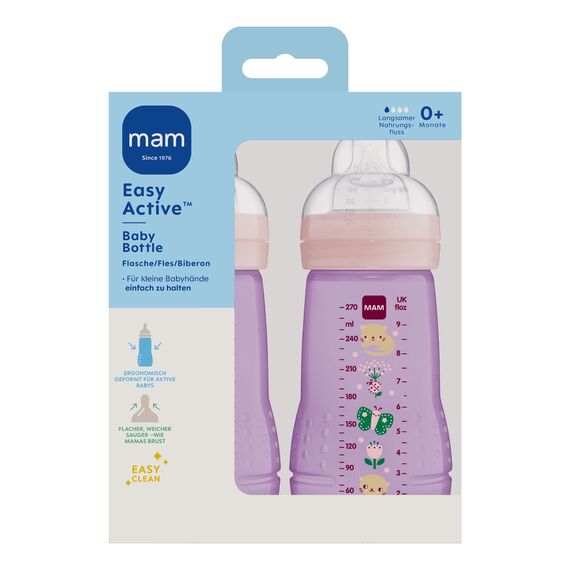 MAM Easy Active Trinkflasche im 2er-Set (270 ml), Baby Trinkflasche inklusive MAM Sauger Größe 1 aus SkinSoft Silikon, Milchflasche mit ergonomischer Form, 0+ Monate, Katze/Schmetterling
