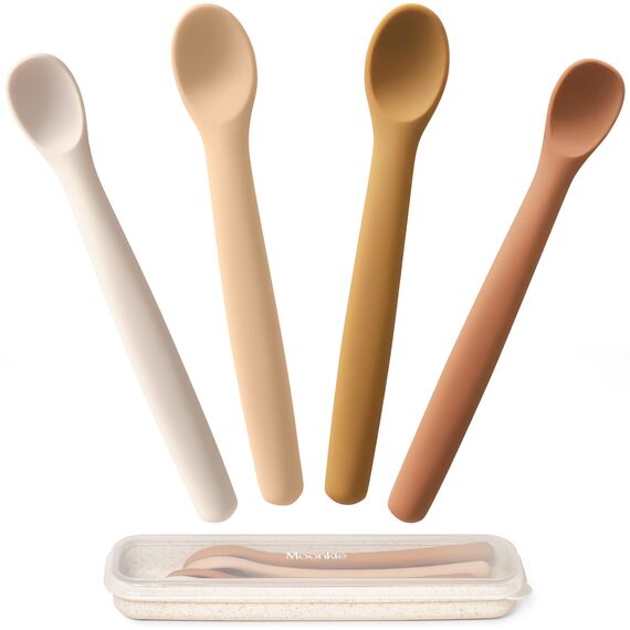 Moonkie Silikon-Baby-Löffel 4er-Set, Löffel mit weicher Spitze für die erste Phase der Säuglingsernährung, biegsame, kausichere Baby-Trainingslöffel, ideal für die Selbstfütterung und Led Weaning