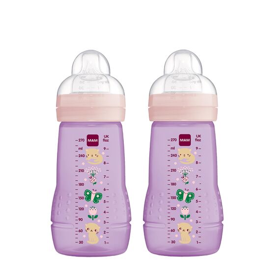 MAM Easy Active Trinkflasche im 2er-Set (270 ml), Baby Trinkflasche inklusive MAM Sauger Größe 1 aus SkinSoft Silikon, Milchflasche mit ergonomischer Form, 0+ Monate, Katze/Schmetterling
