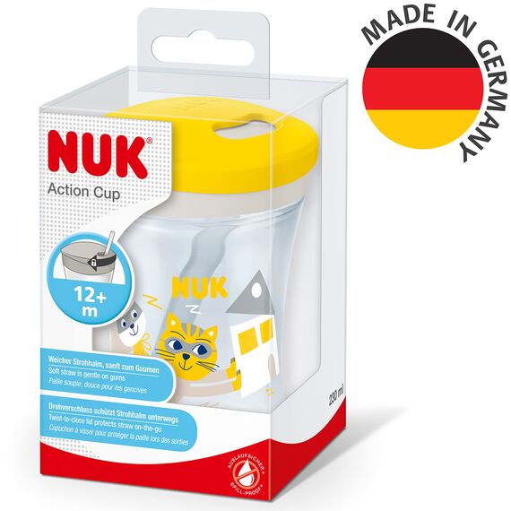 NUK Action Cup Trinkbecher Kinder | 12+ Monate | 230 ml | Drehdeckel mit weichem Strohhalm | auslaufsicher | BPA-frei | gelbe Katze
