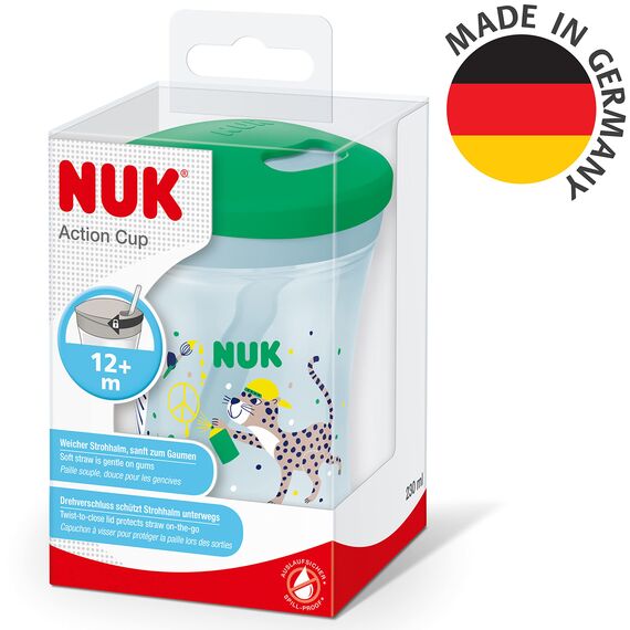 NUK Action Cup Trinkbecher Kinder | 12+ Monate | 230 ml | Drehdeckel mit weichem Strohhalm | auslaufsicher | BPA-frei | grüner Leopard
